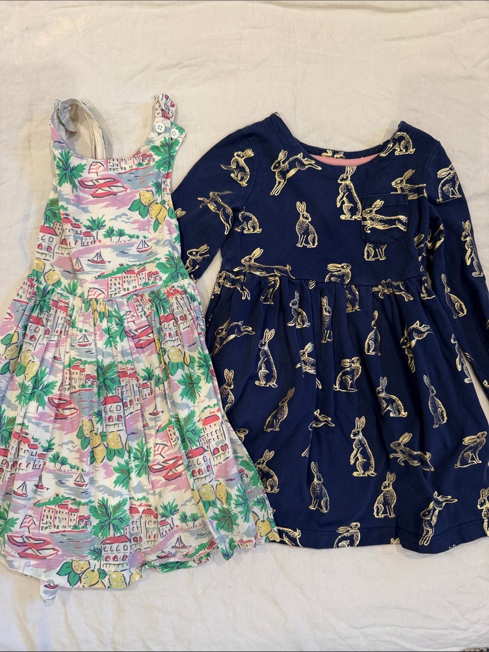 Mini Boden Navy Dress with Gold Bunny Print